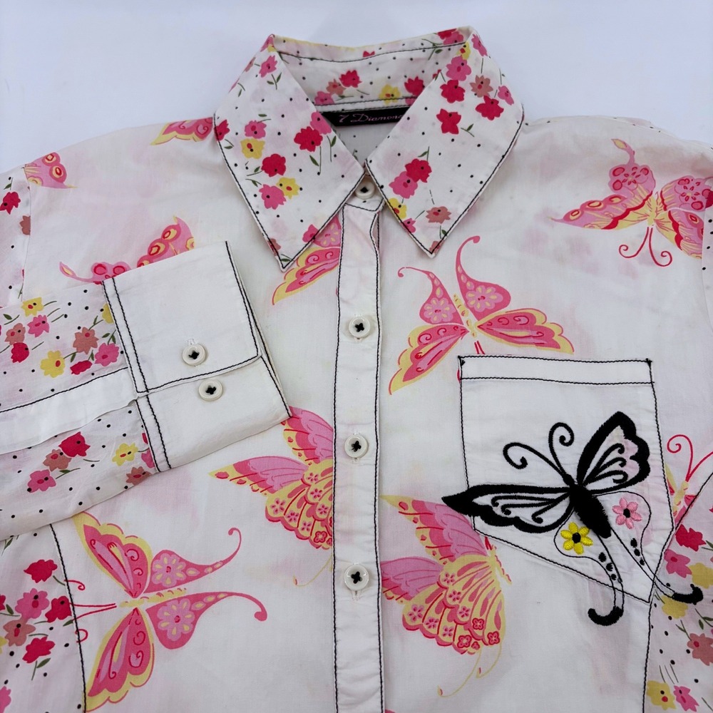 7 Diamonds Womens Retro Butterfly‎ Floral Mixed Print Cotton Shirt White M